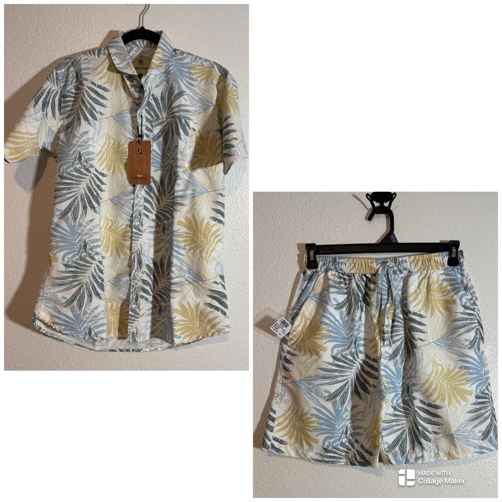 Feather Touch Boys' XL Two-Piece Palm Frond Tropical Button-Up Shirt & Shorts